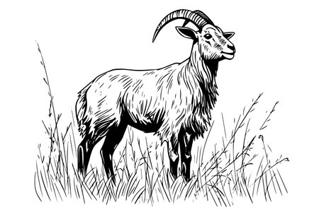 Goat on the field head hand drawn ink sketch. Engraved style vector logotype.のイラスト素材