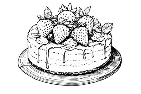 Strawberry cake hand drawn ink sketch. Engraved style vector illustration.のイラスト素材