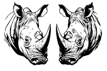 Rhino mascot heads hand drawn ink logotype. Engraved style sketch. Vector illustration.のイラスト素材
