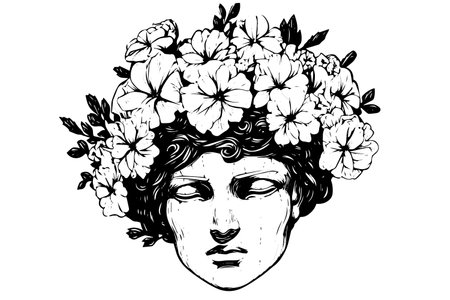 Statue with flowers on her head on engraved style vector illustration.のイラスト素材