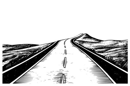 Simple road hand drawn ink sketch highway landscape. Engraved style vector illustration.のイラスト素材