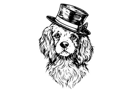 Vintage Hand-Drawn Dog Portrait with Hat: Etching Style Illustration of Cute Shepherd in Chapeau.のイラスト素材