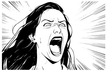 Angry scream woman hand drawn ink sketch. Emotional girl vector illustration.のイラスト素材