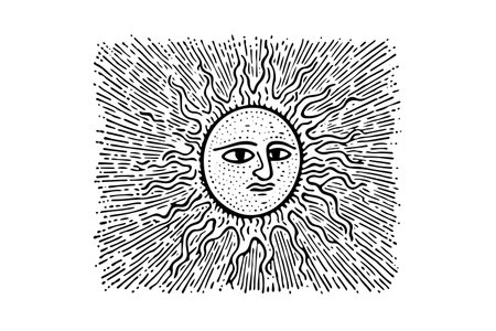 Vintage Celestial Face: Engraved Retro Vector Illustration of Sun and Moon.のイラスト素材