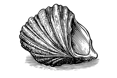 Shell engraved in hand drawn style on white background. Vector sketch.のイラスト素材