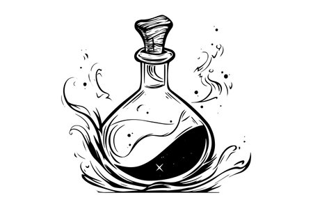 Magic potion in bottle vintage vector sketch. Science elixir in beaker.のイラスト素材