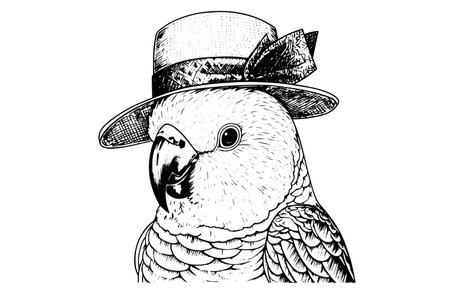 Parrot in a hat hand drawn ink sketch. Engraved style vector illustration.のイラスト素材