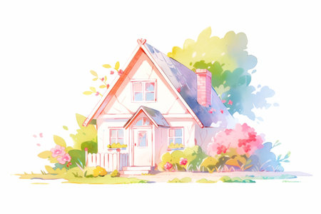 Cute cozy house hand drawn watercolor illustration.の写真素材