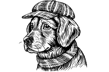 Vintage Hand-Drawn Dog Portrait with Hat: Etching Style Illustration of Cute Shepherd in Chapeau.のイラスト素材