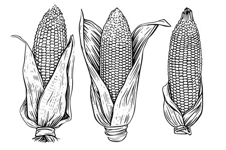 Vintage Corn Illustration: Hand-Drawn Woodcut Vector Sketch of Maize Ear.のイラスト素材