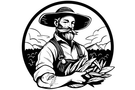 Happy farmer in hat with the harvest in hand engraving style. Hand drawn ink sketch. Vector logotype illustration.のイラスト素材