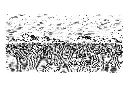Vintage Sea Wave Sketch: Engraved Vector Illustration of Nature Landscape.のイラスト素材