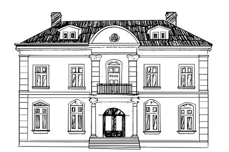 Vintage German Architecture: Engraved Vector Illustration of Historic Mansion Old Building.のイラスト素材