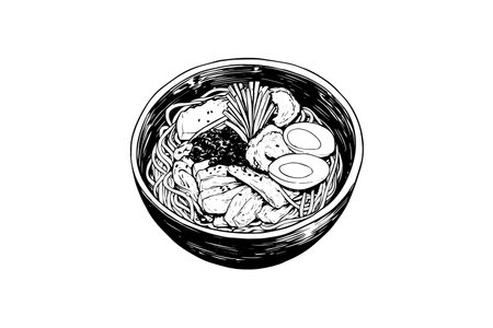Ramen Noodle Japanese Food Vector Engraving style Illustration. Ink sketch Logo or Menu Concept.のイラスト素材