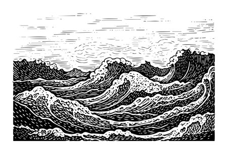 Vintage Sea Wave Sketch: Engraved Vector Illustration of Nature Landscape.のイラスト素材