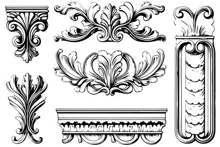 Vintage Baroque Ornamentation: Intricate Vector Illustrations of Architectural Stucco Details Element.のイラスト素材