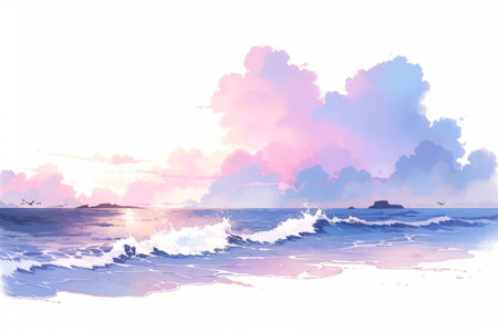 Ocean or sea sunset hand painted watercolor illustration.の写真素材
