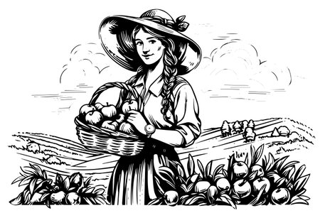 A woman farmer harvesting in the field in engraving style. Drawing ink sketch vector illustration.のイラスト素材