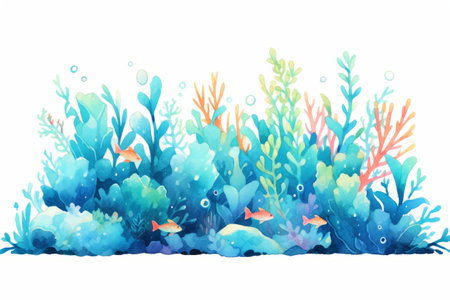 Seaweed on a seabed landscape hand painted watercolor illustration.の写真素材