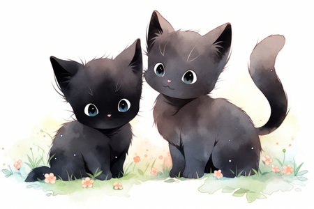 Simple black cute cat watercolor illustration.の写真素材