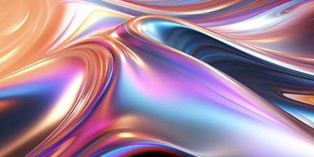 Holographic chrome gradient waves abstract background. Liquid surface, ripples, reflections. 3d...