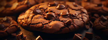 A close up of a pile of chocolate chips cookies texture background.の写真素材