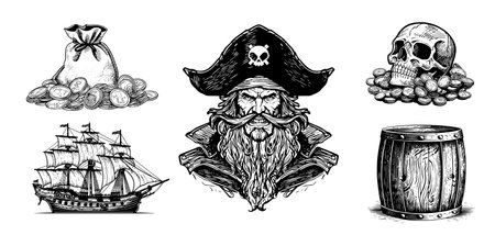 Vintage Pirate, Ship, Skul, Gold Treasure. Concept Engraved Setのイラスト素材