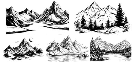 Vintage vector illustration of a mountain landscape. Hand-drawn sketch featuring a rocky peak, forest, and valley setのイラスト素材
