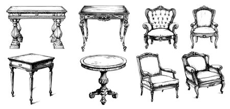 Vintage vector illustration of antique furniture set, featuring a table and armchair. Engraved drawing highlights old-world style and retro charmのイラスト素材