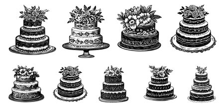 Vintage vector sketch of a wedding flower cake set with. Engraved illustration Packのイラスト素材