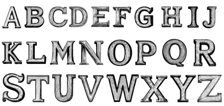 Vintage wood alphabet set in edgy typography style. Hand-drawn vector letters featuring decorative elements and engraved texturesのイラスト素材