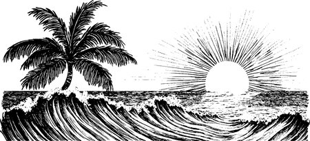 A stylized black and white illustration featuring a palm tree on the left, waves crashing in the center, and a rising sun with rays extending outward on the right.のイラスト素材