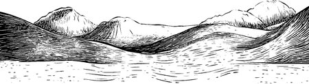 A black and white illustration of rolling hills and mountains, featuring wavy lines to depict the terrain and texture of the landscape.のイラスト素材