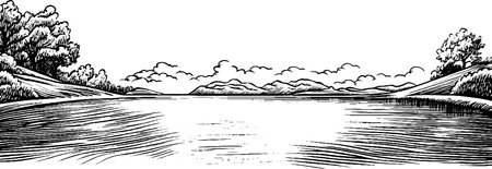 Serene River Landscape Illustrationのイラスト素材