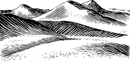 A stylized black and white illustration of rolling hills and mountains, showcasing wavy lines and textures that depict the landscapes contours and shadows.のイラスト素材