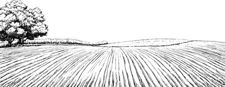 A black and white illustration of a vast field with plowed rows, featuring a few trees in the background and rolling hills in the distance.のイラスト素材