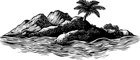 A black and white illustration of a tropical island featuring mountains, a palm tree, and waves surrounding the shore.のイラスト素材