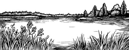 A serene landscape featuring a calm lake surrounded by trees and grass. The scene is depicted in a detailed black and white illustration style, emphasizing natural elements.のイラスト素材