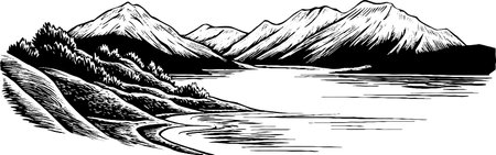 A black and white illustration of a serene landscape featuring mountains, a lake, and a shoreline. The mountains are depicted with sharp peaks, and the lake reflects the surrounding scenery.のイラスト素材