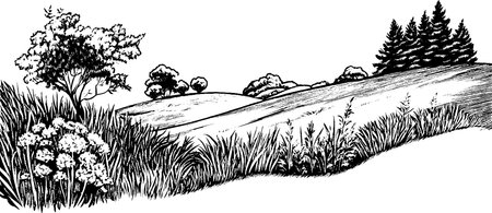 Serene Black and White Landscape Illustrationのイラスト素材