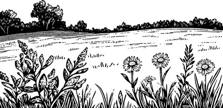 Serene Black and White Landscape with Wildflowersのイラスト素材