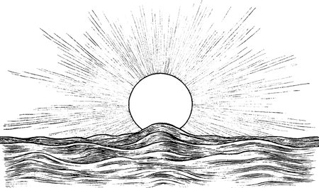 Vintage Sunrise Over Ocean Illustrationのイラスト素材