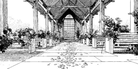 Engraved illustration of a romantic wedding aisle with petals and floral decorのイラスト素材