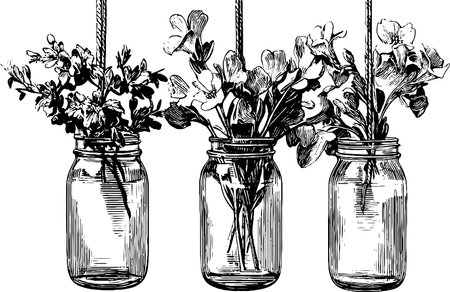 Engraved botanical art of hanging jars with flowers for decorative printsのイラスト素材