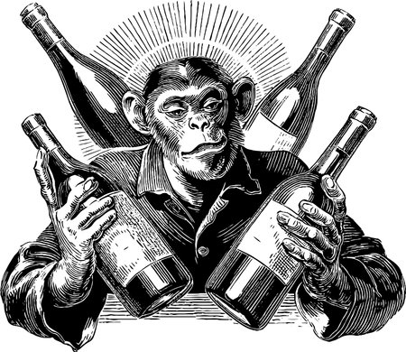Vintage engraving of monkey juggling wine bottles for creative design and decorationのイラスト素材