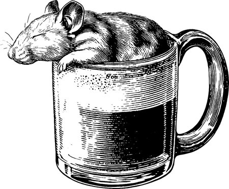 Whimsical mouse napping inside a mug - engraved illustration for print or posterのイラスト素材