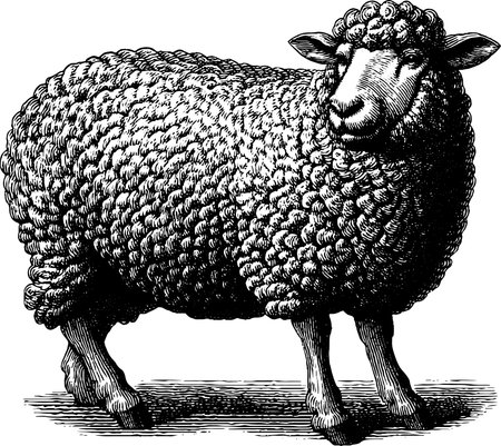 Engraved illustration of a sheep with curly wool for vintage design