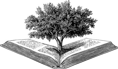 Engraved illustration of tree emerging from open book symbolizing knowledge and growthのイラスト素材