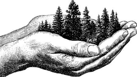 Engraved illustration of hands holding a miniature forest concept for environmental conservationのイラスト素材