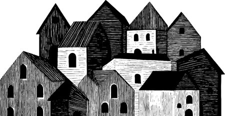 1950s woodcut style black and white illustration of vintage architectural sceneのイラスト素材